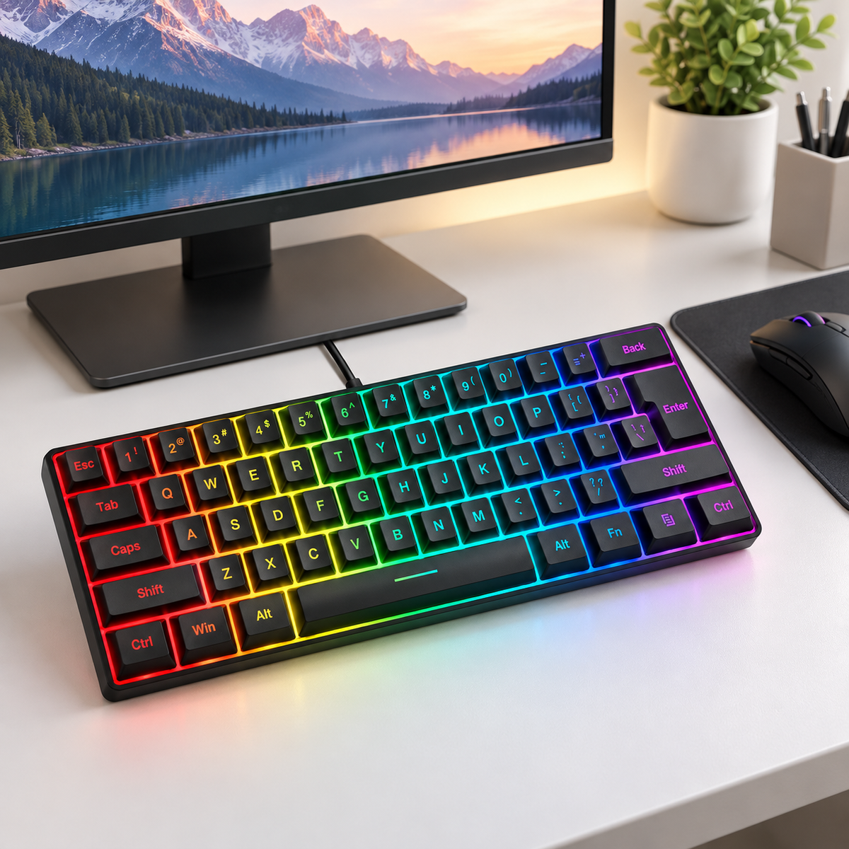 61 Key Rgb Wired Gaming Keyboard With Compact Abs Keycaps And 1.7m Cable